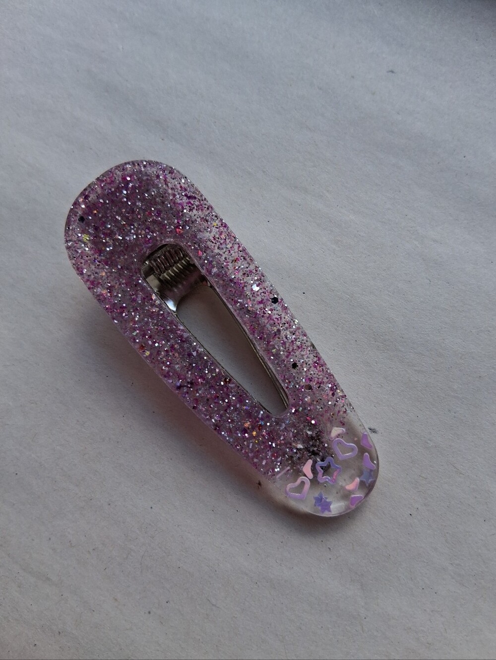 5/$25 Hand Crafted Pink Glitter Resin Hair Clip with Heart Accents